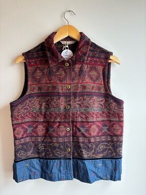 Patterned Tapestry Button-Front Vest with Denim Hem - Red & Navy